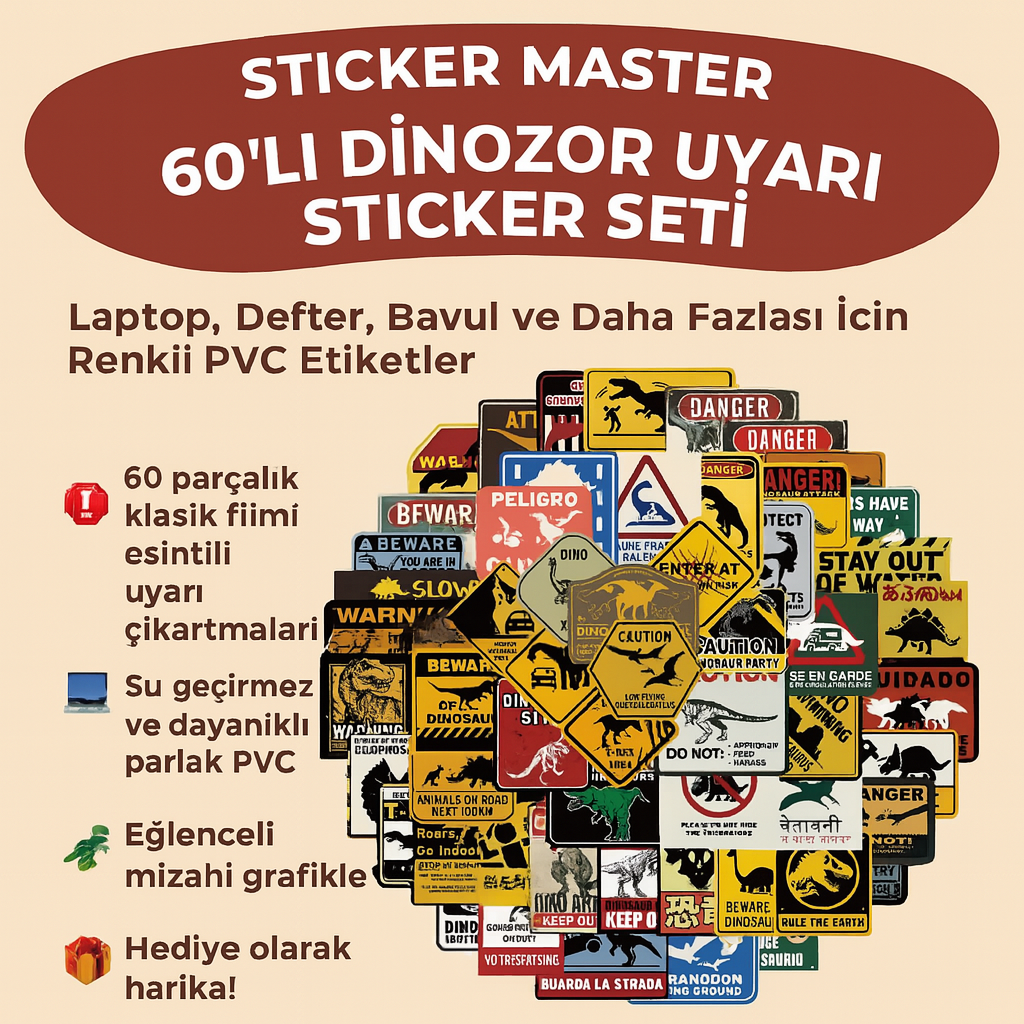 Sticker Master 60’lı Dinozor Uyarı Sticker Seti Laptop, Defter, Bavul ve Daha Fazlası İçin Renkli PVC Etiketler