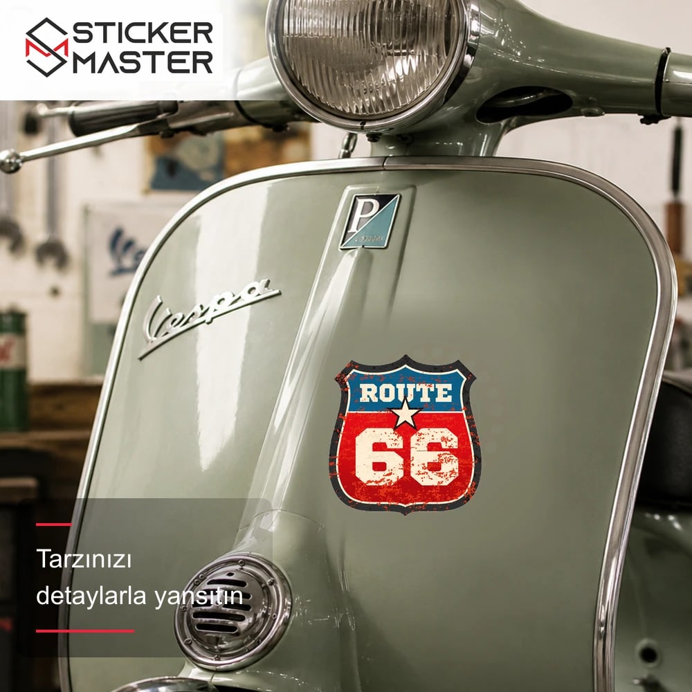 Vespa Uyumlu ROU8 Vintage Route 66 Sticker VSP1020 scooter üzerinde uygulama örneği - Sticker Master