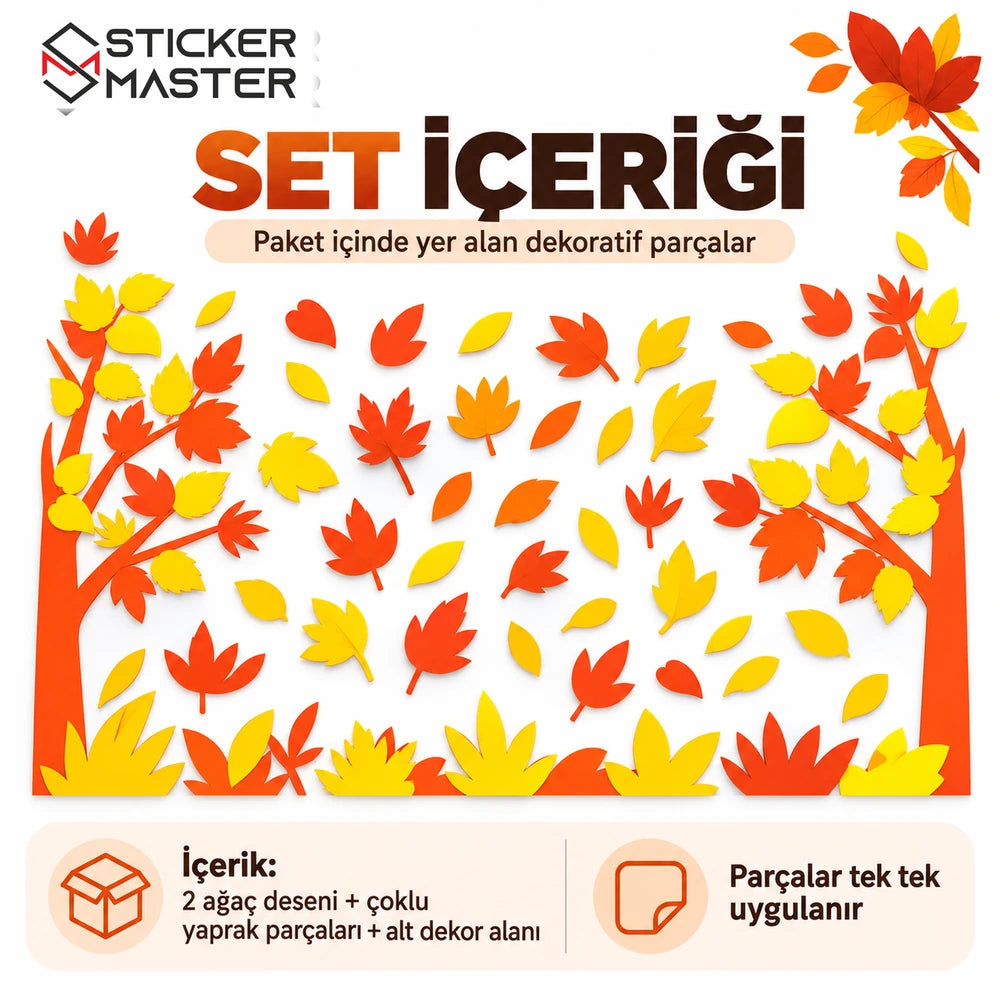 Sonbahar yaprak sticker paketi dekoratif parçalar ve set içeriği