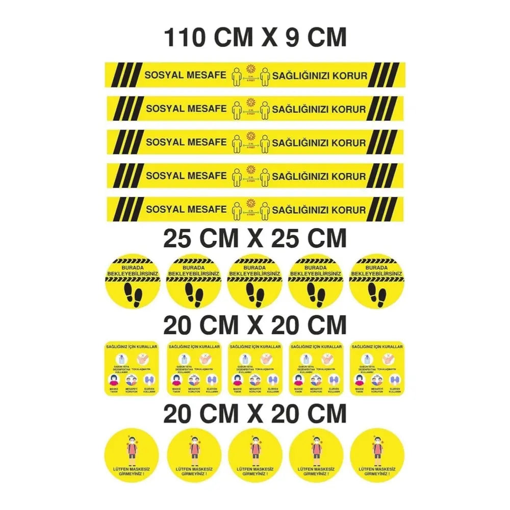Sticker Master Sosyal Mesafe Uyarı Sticker 5 Li Set 20 Adet Sarı Sticker Master