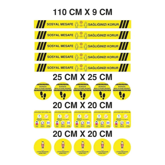 Sticker Master Sosyal Mesafe Uyarı Sticker 5 Li Set 20 Adet Sarı Sticker Master