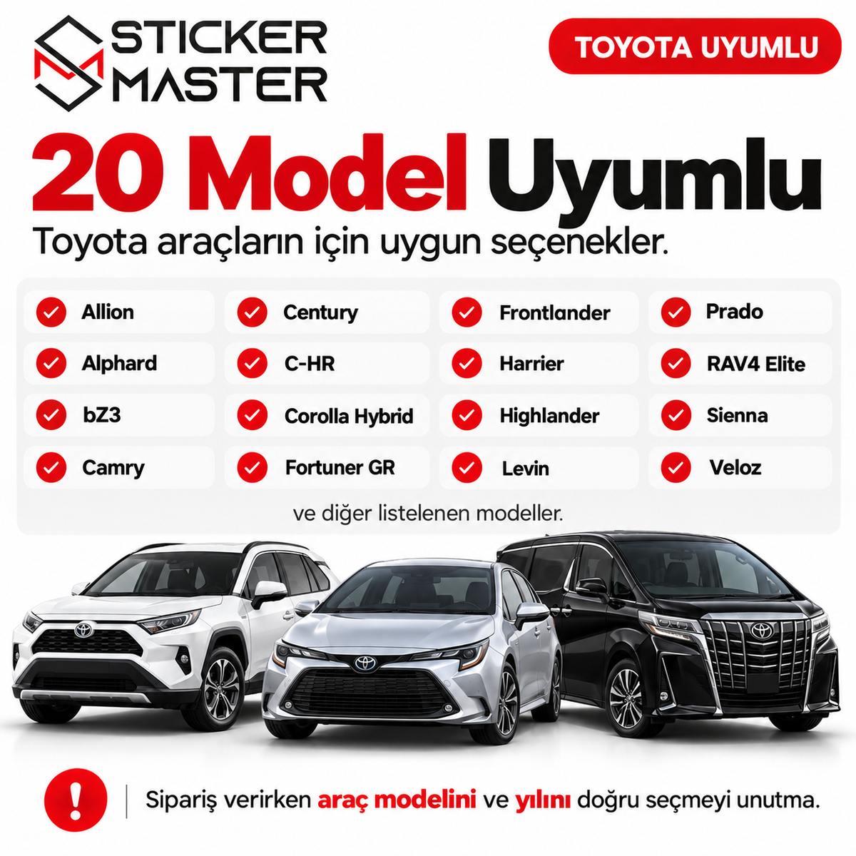 Toyota kapı direği sticker seti uyumlu model seçenekleri