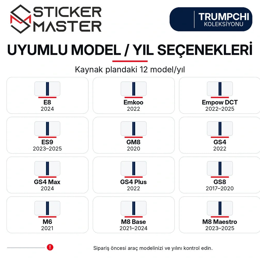 Trumpchi kaynak listesine göre 12 model ve yıl seçeneği