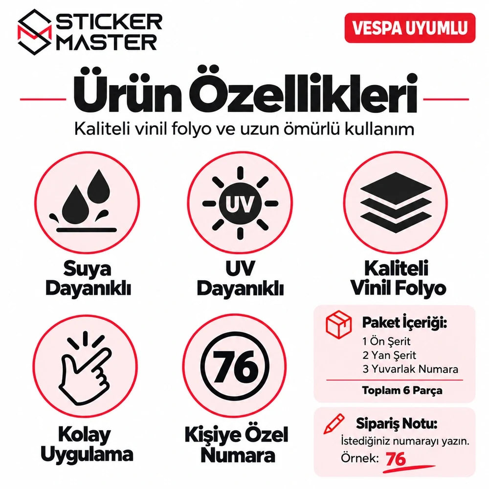 Vespa uyumlu sticker seti suya ve UV'ye dayanıklı vinil folyo özellikleri