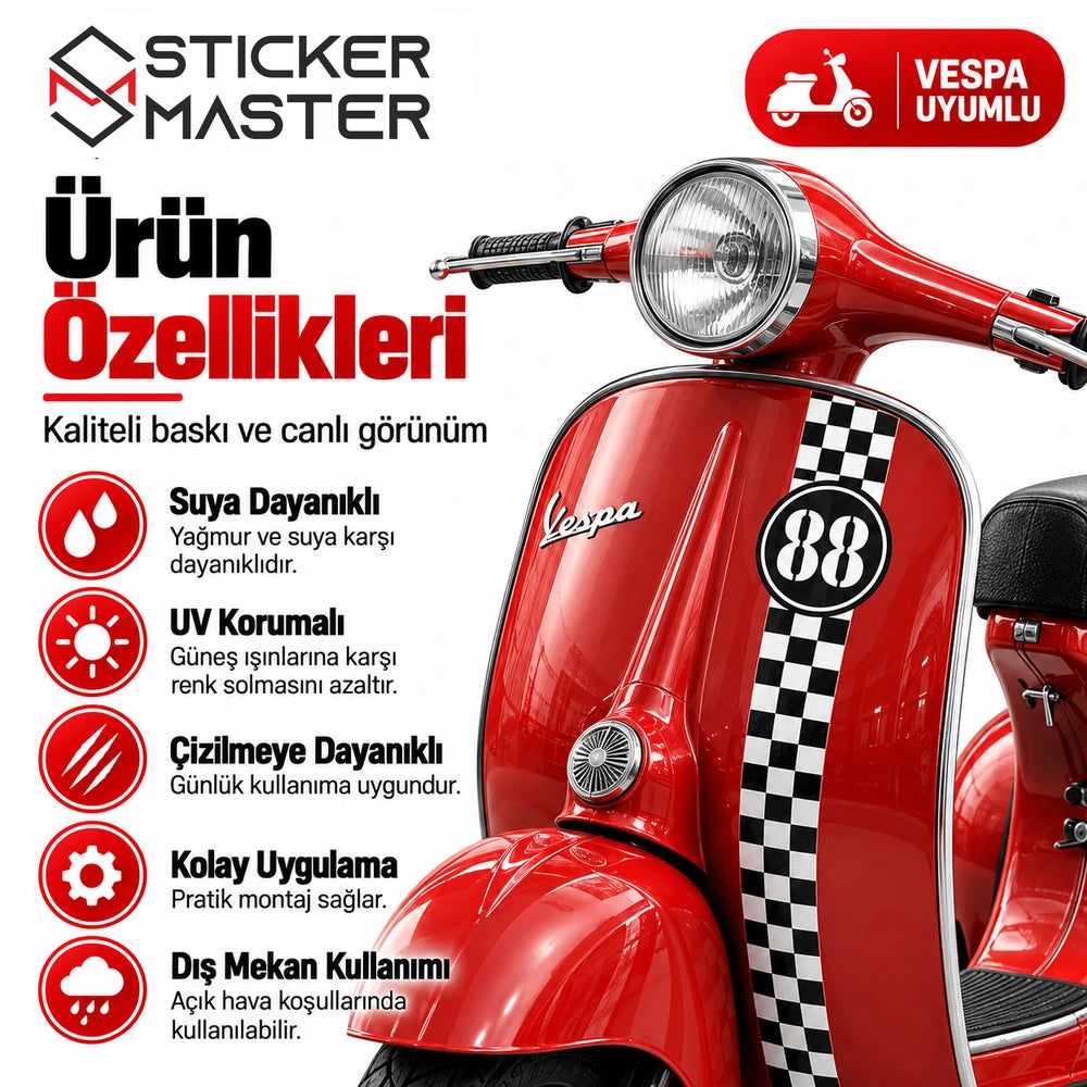 Vespa 88 numara yarış şeridi sticker seti su UV dayanıklılık ürün özellikleri