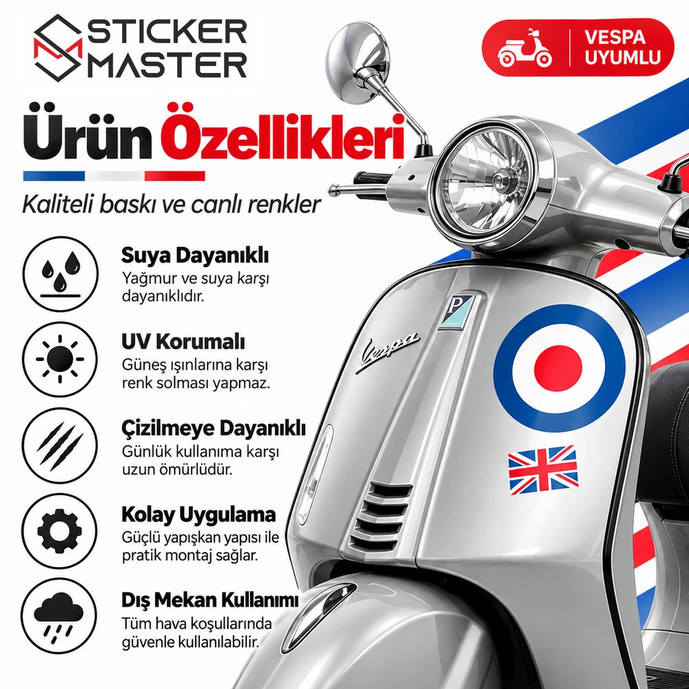 Vespa İngiliz tarzı sticker seti su UV çizilme dayanıklılık özellikleri