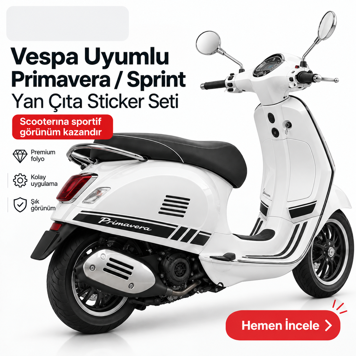 Vespa uyumlu Primavera Sprint yan çıta sticker seti scooter uygulama görseli - Sticker Master