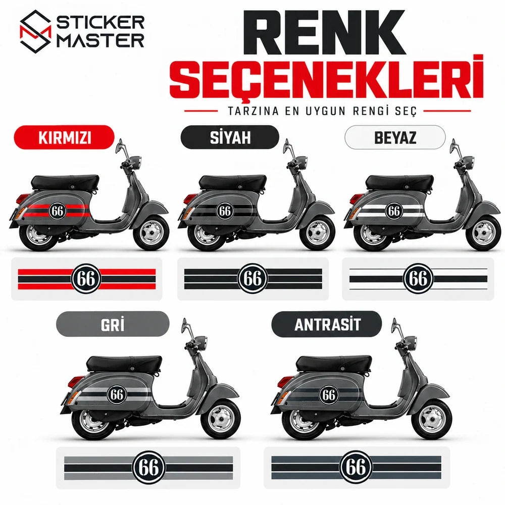 Vespa sticker renk seçenekleri Kırmızı Siyah Beyaz Gri Antrasit