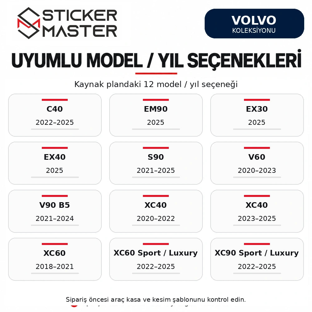 Volvo 12 model ve yıl seçeneği C40 EM90 EX30 EX40 S90 V60 V90 XC40 XC60 XC90