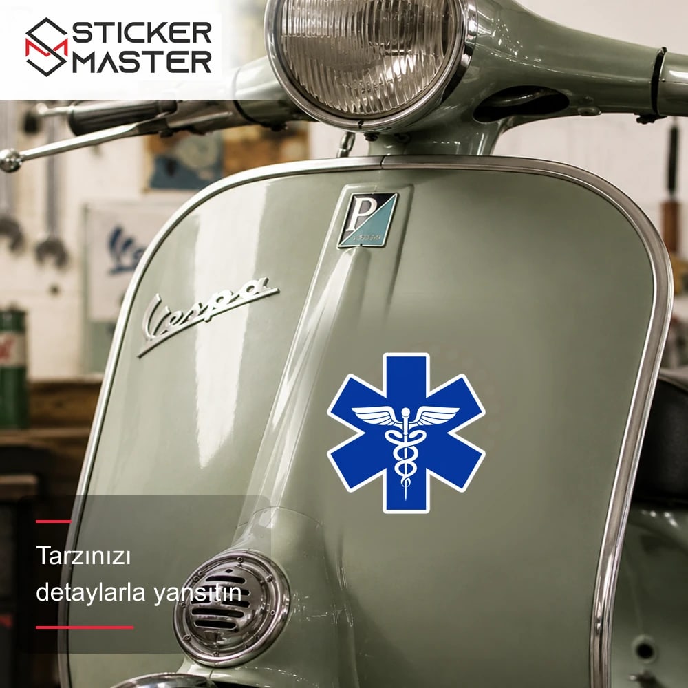 Vespa Uyumlu WRN52 Universal Saglik Amblemi - Mavi Renk Sticker scooter üzerinde uygulama örneği - Sticker Master