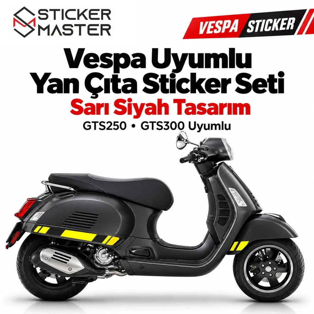 Vespa GTS250 GTS300 uyumlu sarı siyah yan çıta sticker seti siyah scooter üzerinde ana ürün görseli