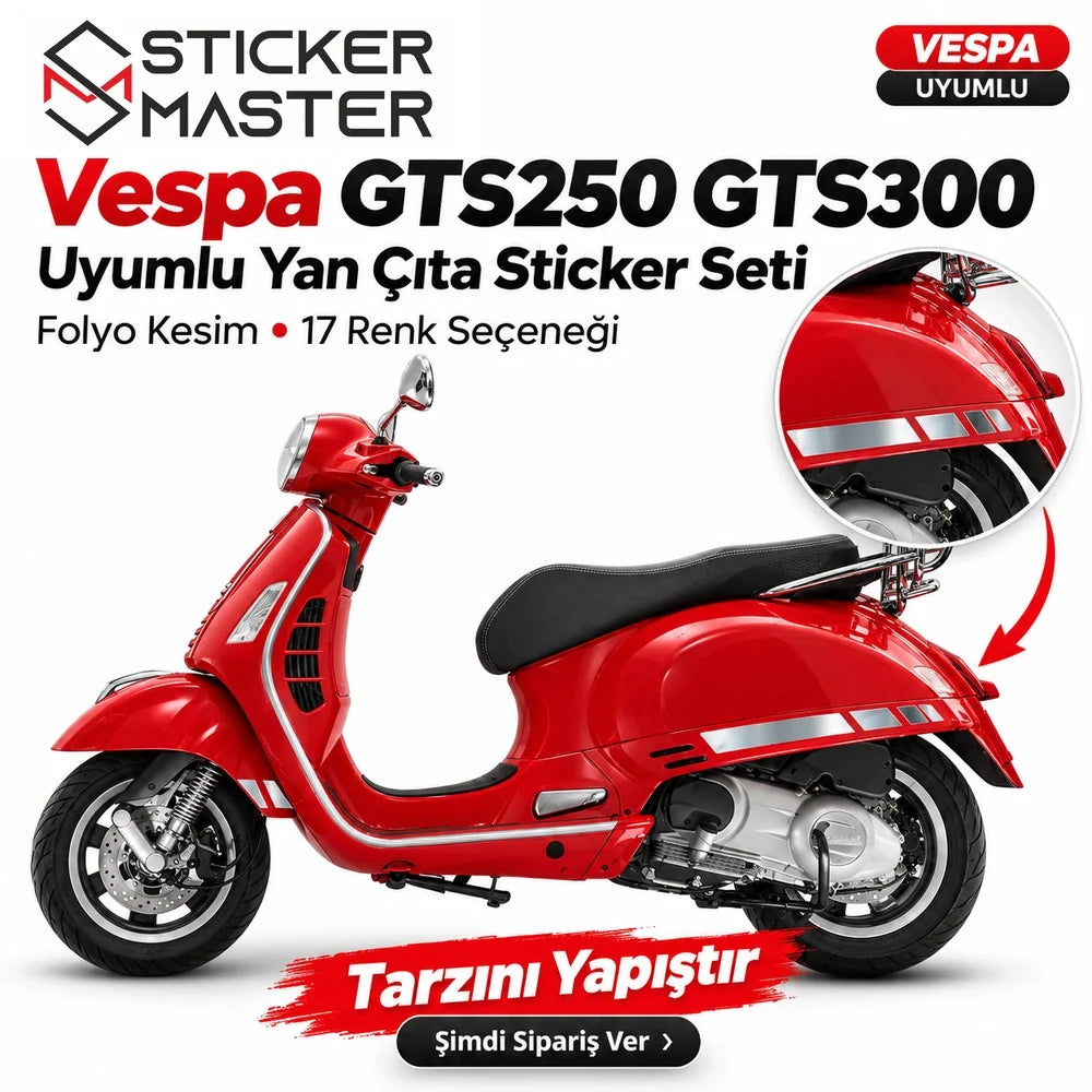 Vespa GTS250 GTS300 uyumlu yan çıta sticker seti metalik gri krom görünüm scooter üzerinde