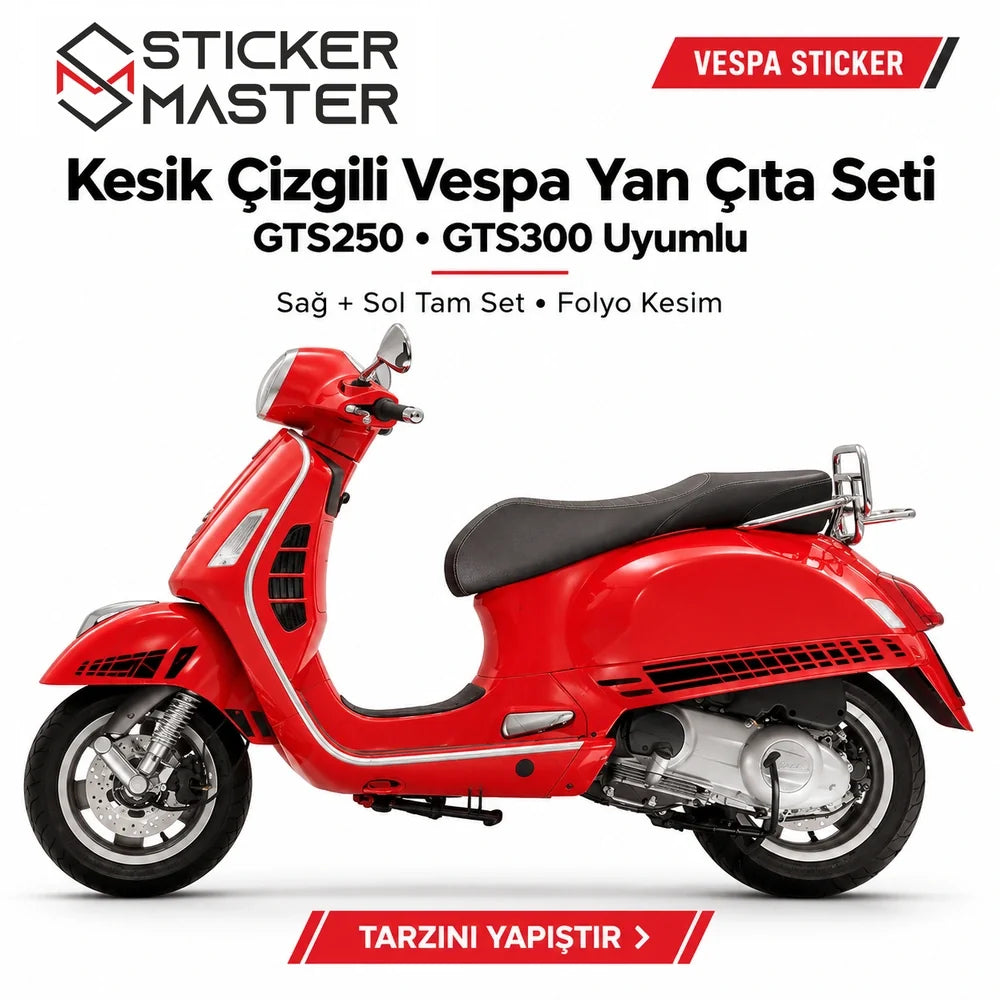 Vespa GTS250 GTS300 kesik çizgili siyah yan çıta sticker seti ana görsel