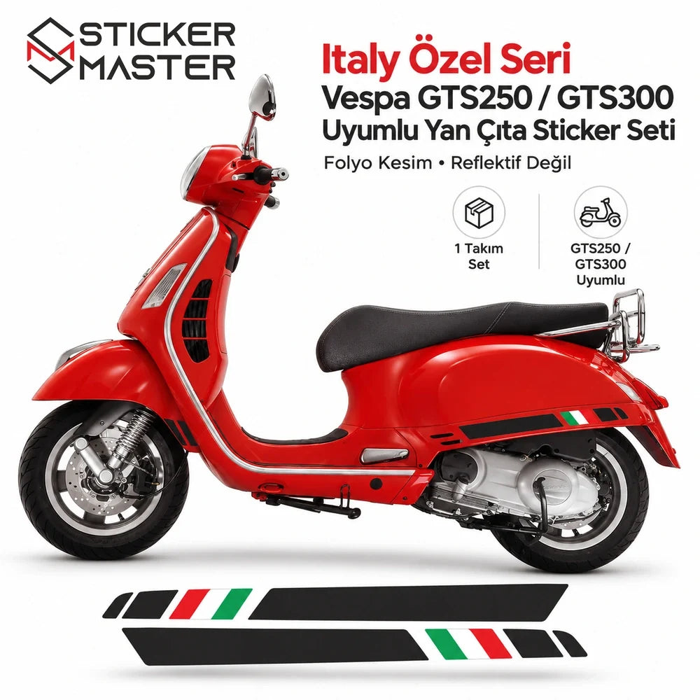 Vespa GTS250 GTS300 uyumlu Italy Özel Seri yan çıta sticker seti ana görsel