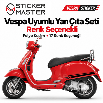 Vespa uyumlu yan çıta sticker seti kırmızı scooter siyah şerit uygulama ana görsel