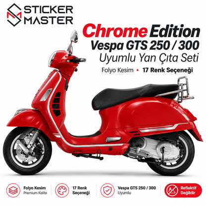 Chrome Edition Vespa GTS250 GTS300 uyumlu yan çıta sticker ana görsel, metalik gri şerit kırmızı motosiklette