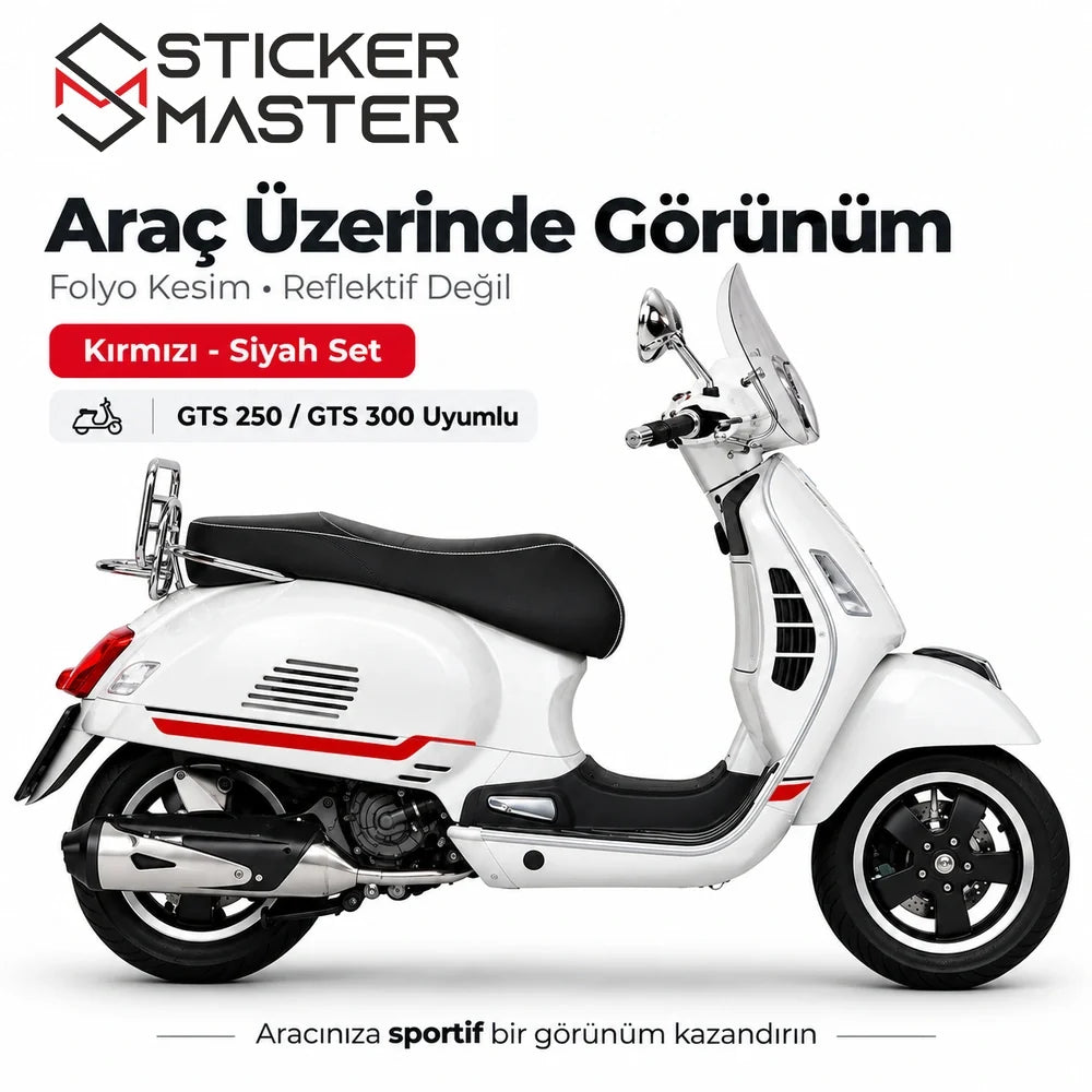 Vespa GTS250 GTS300 uyumlu yan çıta sticker seti kırmızı siyah beyaz scooter uygulaması