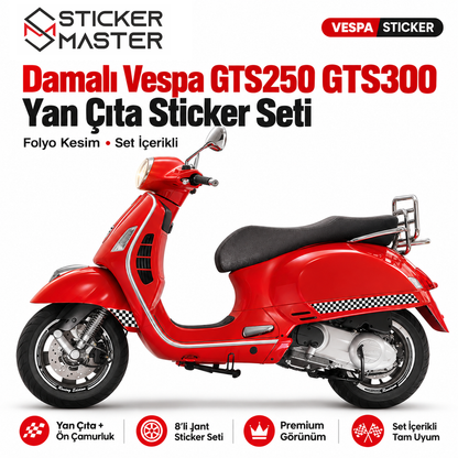 Vespa GTS250 GTS300 uyumlu damalı yan çıta sticker kırmızı scooter ana ürün görseli