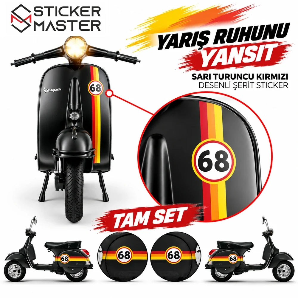 Vespa uyumlu sarı turuncu kırmızı yarış şerit sticker seti kişiye özel numara ana görsel