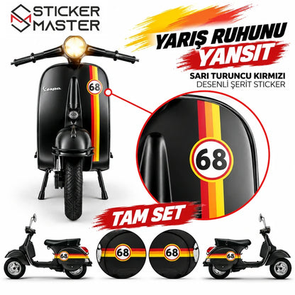 Vespa uyumlu sarı turuncu kırmızı yarış şerit sticker seti kişiye özel numara ana görsel