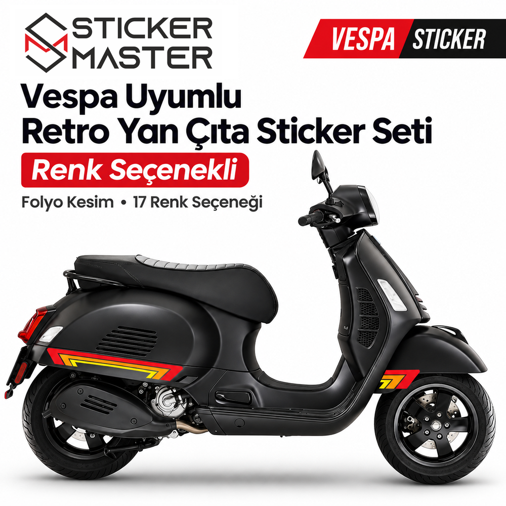 Vespa uyumlu retro yan çıta sticker seti kırmızı sarı turuncu şerit siyah scooter ana ürün görseli
