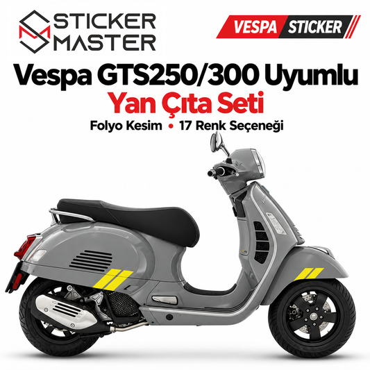 Vespa GTS250/300 uyumlu yan çıta sticker seti sarı uygulama ana görsel