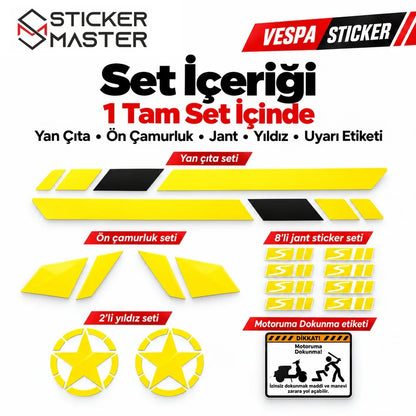 Vespa GTS250 GTS300 sarı siyah yan çıta seti sağ sol yan şerit ön çamurluk 8 jant 2 yıldız ve uyarı etiketi