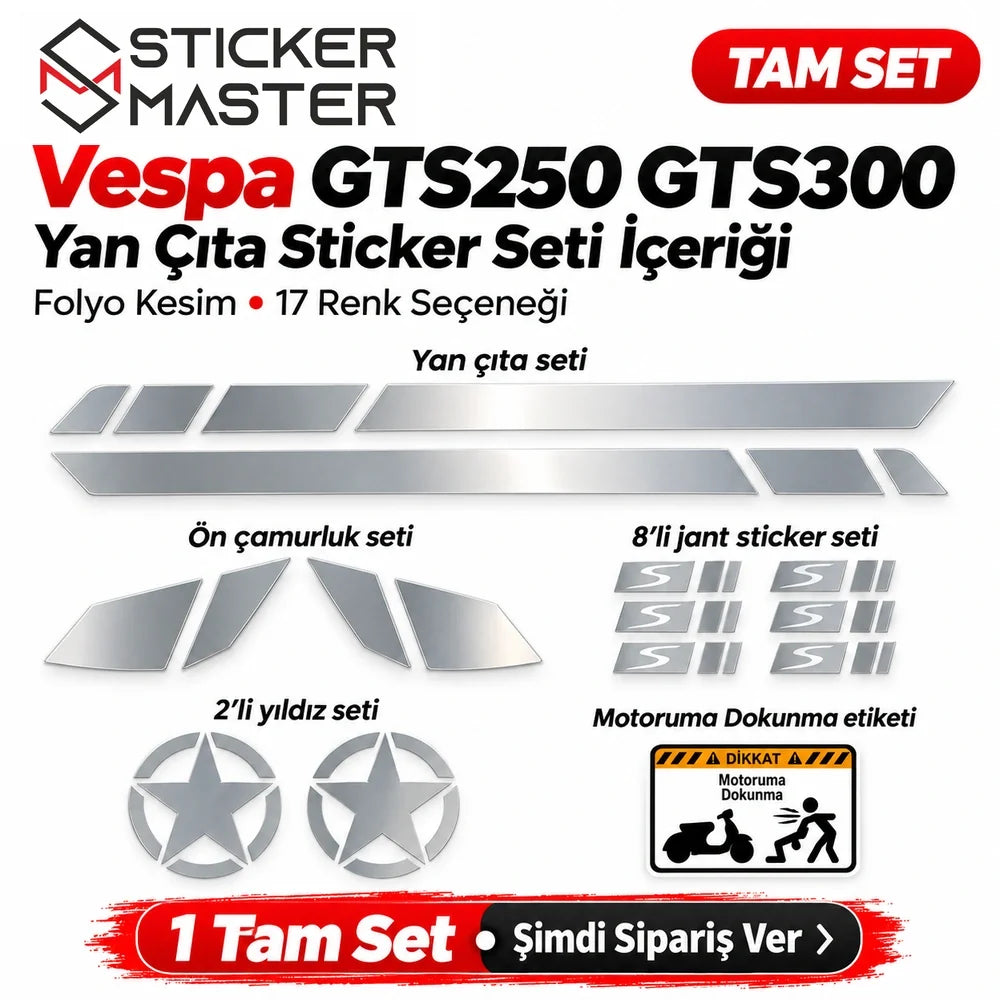 Vespa GTS250 GTS300 yan çıta sticker seti 2 yan şerit ön çamurluk jant 2 yıldız ve uyarı etiketi