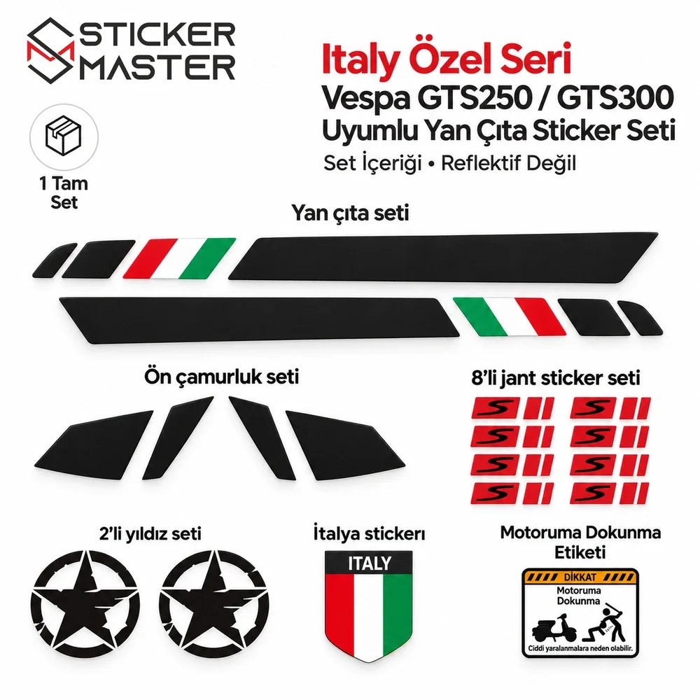 Italy Özel Seri Vespa GTS250 GTS300 yan çıta ön çamurluk 8 jant 2 yıldız İtalya ve uyarı etiketleri