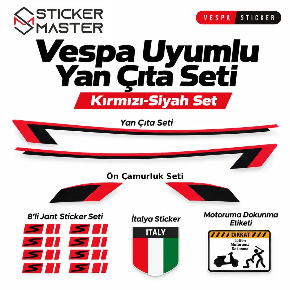 Vespa yan çıta sticker seti kırmızı siyah yan şeritler ön çamurluk jant ve tamamlayıcı etiketler