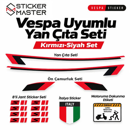 Vespa yan çıta sticker seti kırmızı siyah yan şeritler ön çamurluk jant ve tamamlayıcı etiketler