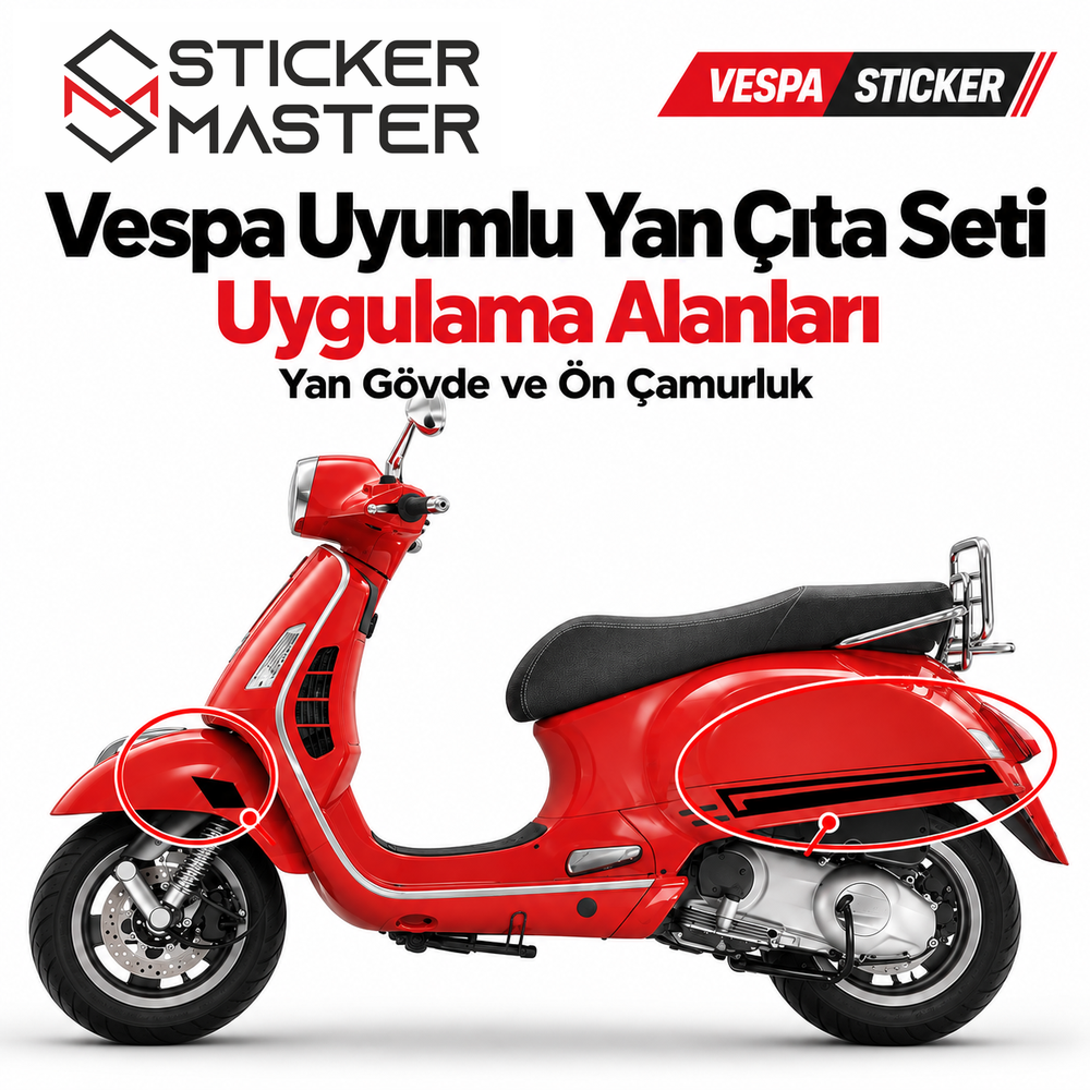 Vespa uyumlu yan çıta seti yan gövde ve ön çamurluk uygulama konumları