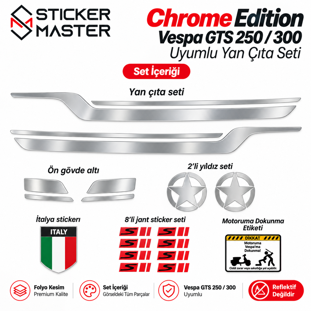 Vespa GTS250 GTS300 Chrome Edition yan çıta seti sağ sol şeritler, ön gövde altı, yıldız, jant ve etiketler