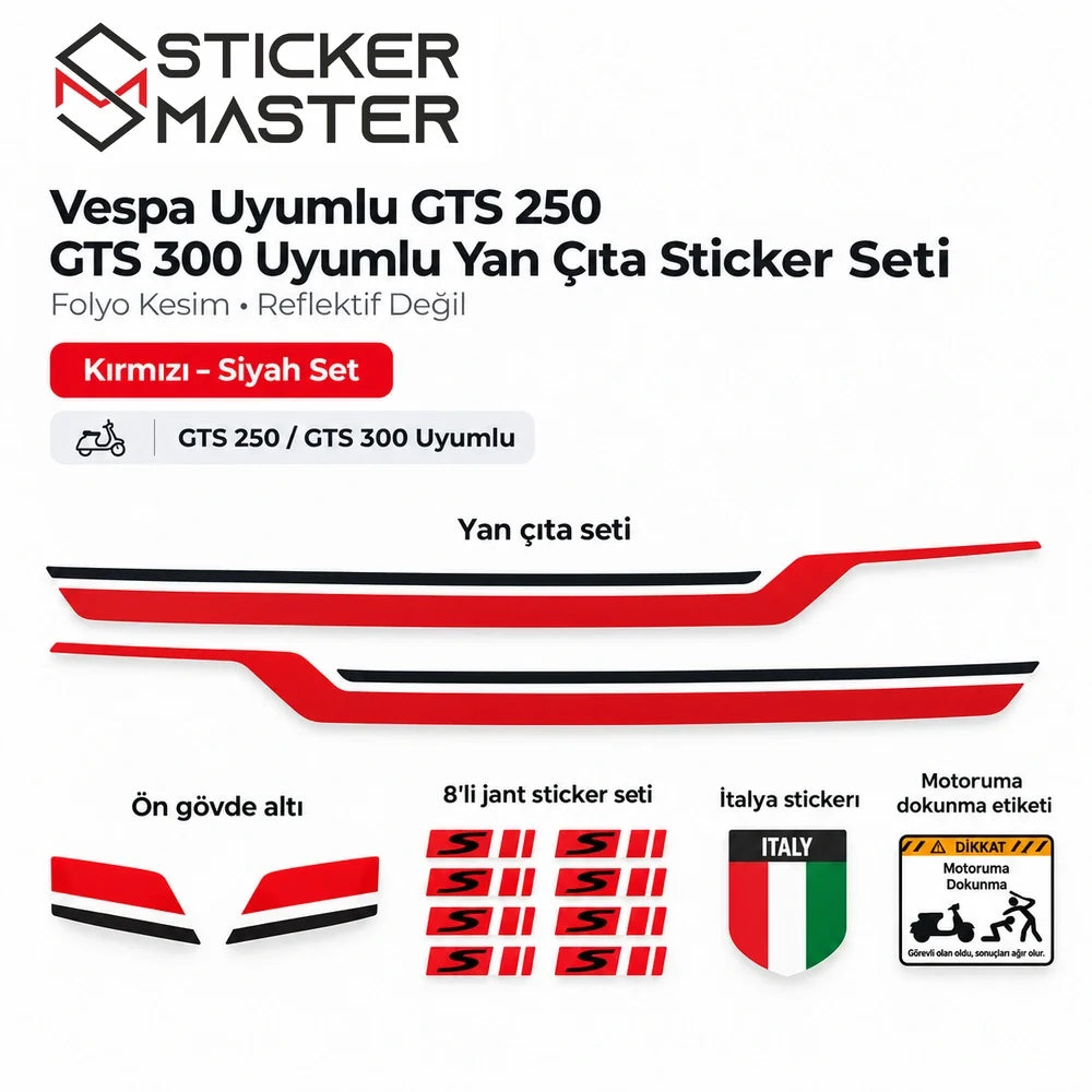 Vespa GTS 250 300 yan çıta 2 yan şerit ön gövde stickerları jant İtalya ve uyarı etiketi