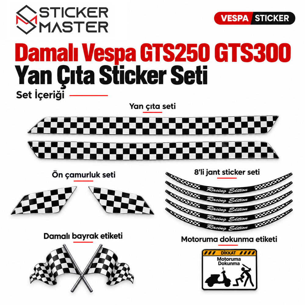 Vespa GTS250 GTS300 damalı yan çıta seti iki yan çıta iki çamurluk jant damalı bayrak ve uyarı stickerları