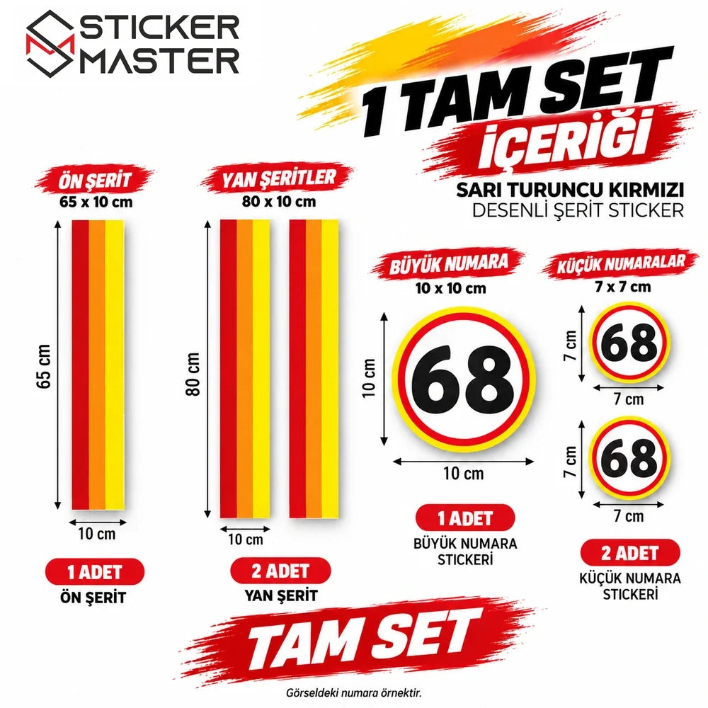 Vespa sarı turuncu kırmızı şerit tam set ön şerit 65x10 cm yan şerit 80x10 cm 3 numara stickerı