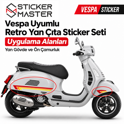 Vespa uyumlu retro yan çıta sticker yan gövde ve ön çamurluk uygulama alanları