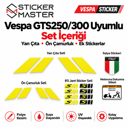 Vespa GTS250/300 yan çıta ön çamurluk ve ek sticker set içeriği