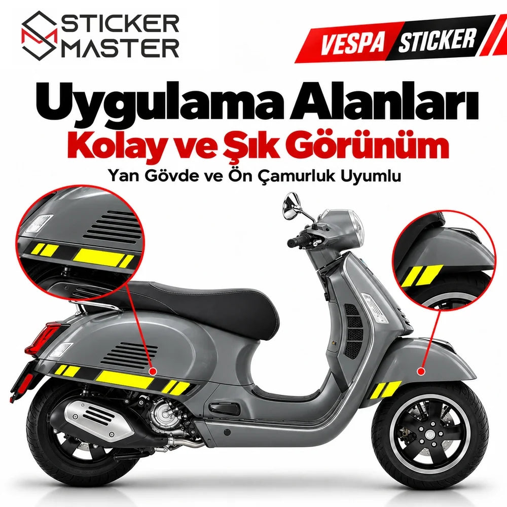 Vespa GTS250 GTS300 sarı siyah yan çıta sticker yan gövde ve ön çamurluk uygulama bölgeleri