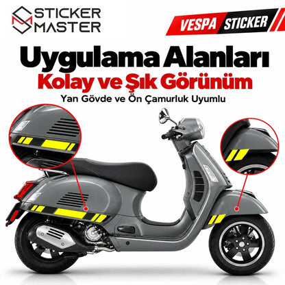 Vespa GTS250 GTS300 sarı siyah yan çıta sticker yan gövde ve ön çamurluk uygulama bölgeleri