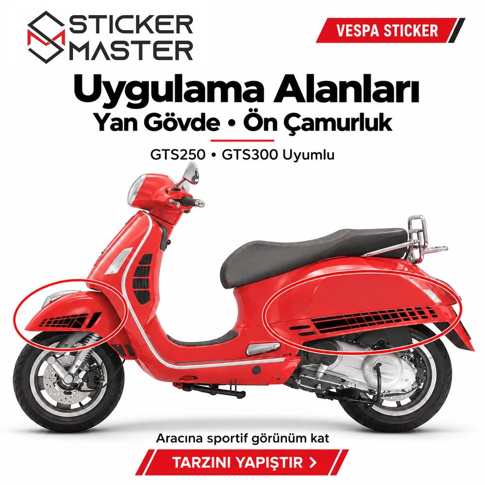 Vespa GTS250/300 uyumlu kesik çizgili yan çıta ve ön çamurluk uygulama alanları