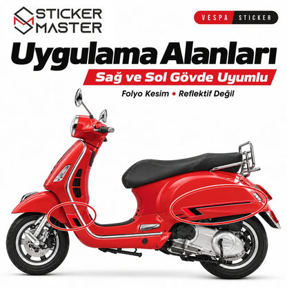 Vespa uyumlu kırmızı siyah yan çıta sticker gövde ve ön çamurluk uygulama alanları