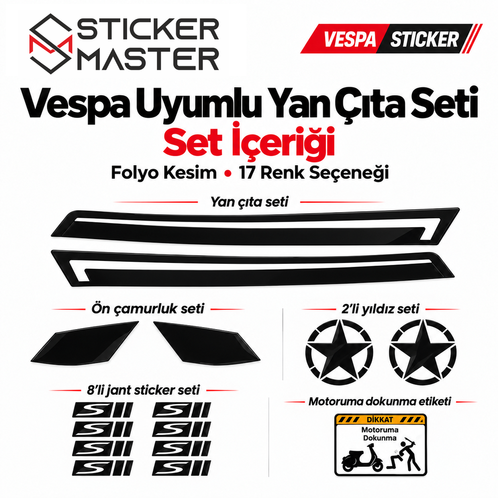Vespa uyumlu yan çıta sticker seti yan çıta ön çamurluk iki yıldız sekiz jant ve etiket parçaları