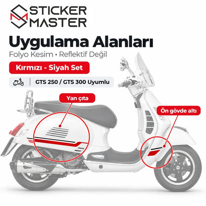 Vespa GTS 250 300 yan çıta ve ön gövde altı kırmızı siyah sticker uygulama bölgeleri