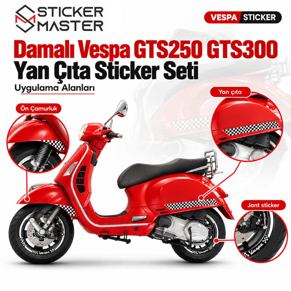 Vespa GTS250 GTS300 damalı sticker yan gövde ön çamurluk ve jant uygulama bölgeleri