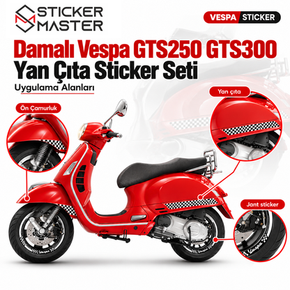 Vespa GTS250 GTS300 damalı sticker yan gövde ön çamurluk ve jant uygulama bölgeleri