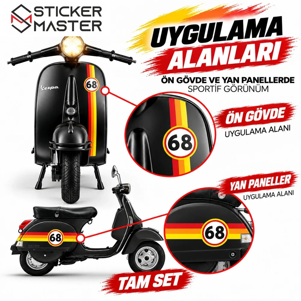 Sarı turuncu kırmızı Vespa şerit sticker seti ön gövde ve yan kapak uygulama yerleri