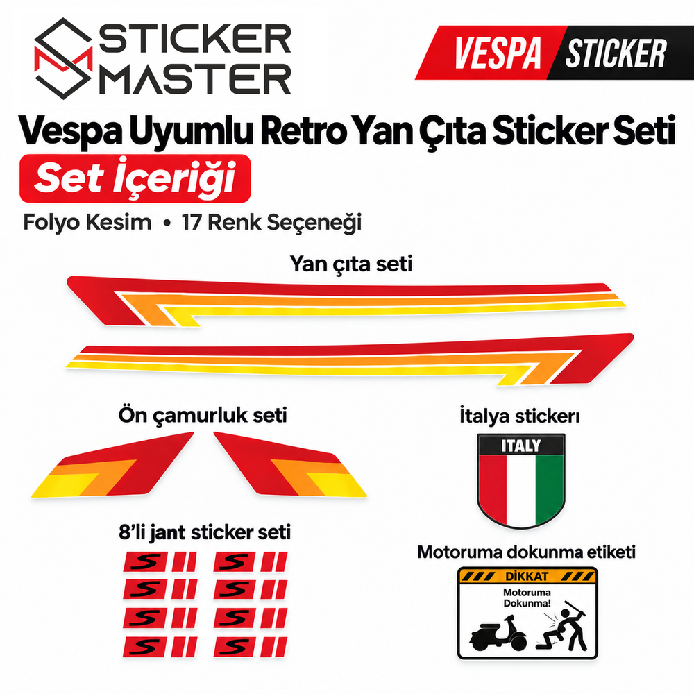 Vespa uyumlu retro yan çıta seti yan çıta ön çamurluk sekiz jant stickerı İtalya ve uyarı etiketi