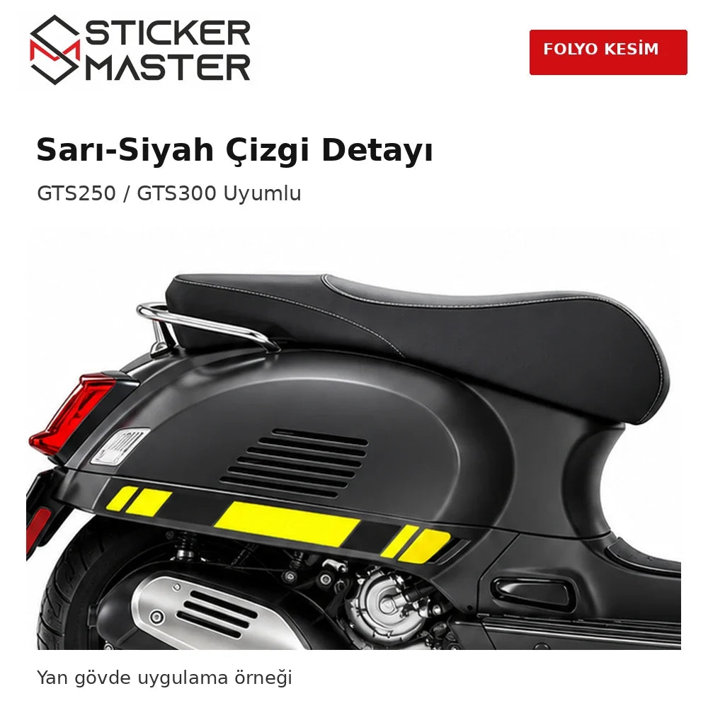 Sarı siyah Vespa GTS250 GTS300 uyumlu yan çıta folyo kesim sticker yakın plan tasarım detayı