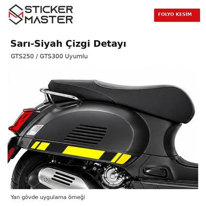Sarı siyah Vespa GTS250 GTS300 uyumlu yan çıta folyo kesim sticker yakın plan tasarım detayı